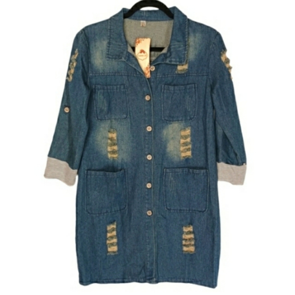 Denim Dark Medium Blue Distressed Button Front Long Sleeve Jean Dress L NWT